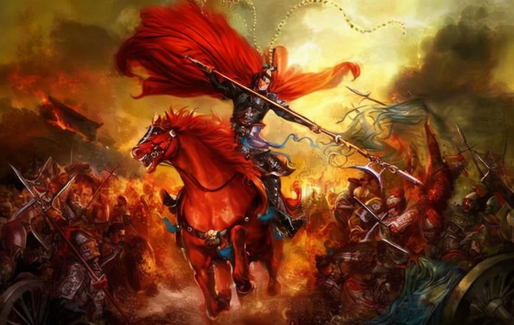 Lu Bu, Three kingdoms , Ride Horse, Fang Tian Hua Ji, short hairstyle, black hair , blue eyes, handsome , warlord