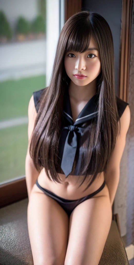 anime 18 years old girl wearing cosplay transparent G-string, Big breasts, thin body,Long legs, long hair, ,realistic shadows, detailed skin, very small breasts, black hair, hair ribbon, very detailed, 8k highly detailed face, perfect face shape, perfect lips, perfect nose, correct beautiful eyes, watching viewer, masterpiece, best quality, single girl, no bra, no panties, solo,Take a picture from a distance to see the whole body, on the bed