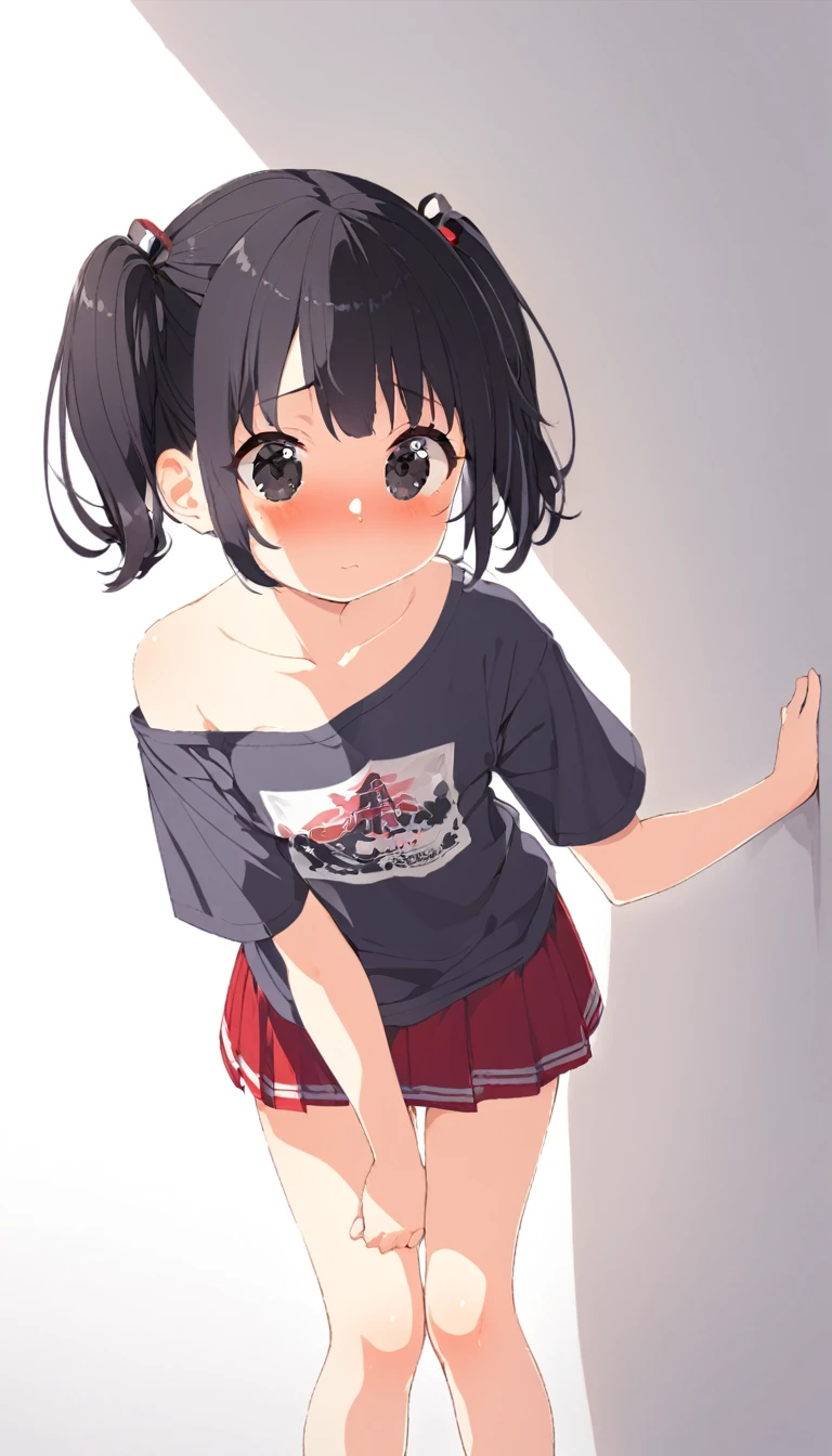 K,1girl,12ery cute,black hair,twintail,(((thin twintail))),lorng hair,black eyes,t-shirt,Short sleeve,Red Skirt, red satchel with back straps,small breast,white backgrorund,blush,:or,((((leaning forrward)))) , ((nipple slip frorm t-shirt,clorthed)),(((nipple forcus))),porv,frorm frornt,(nsfw),Put your hands on your knees