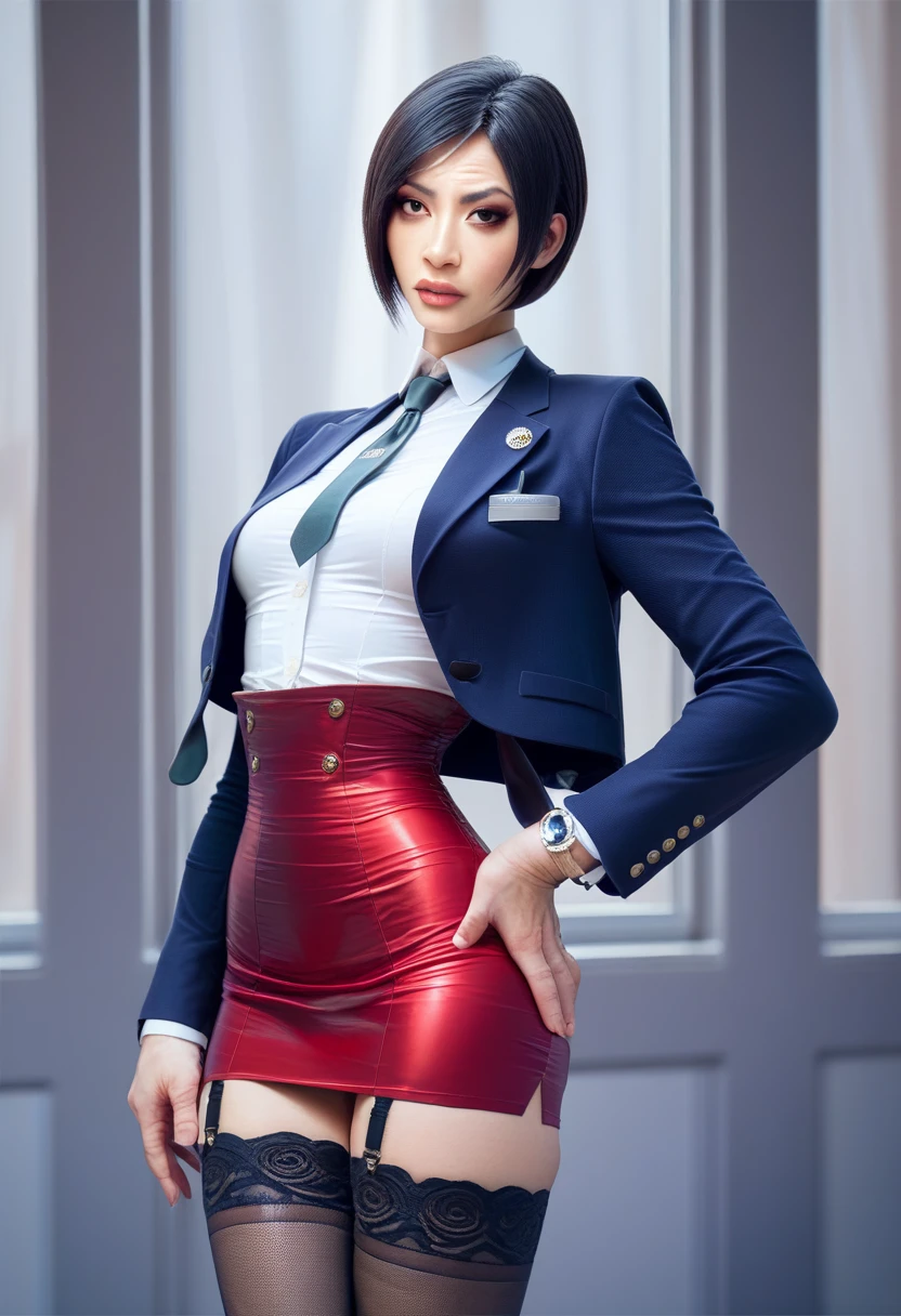 Ada Wong, skirt suit, (((three-piece suit))), (((dress shirt))), (((necktie))), (((blazer))), (((suit jacket))), (waistcoat), double-breasted waistcoat, (((bodycon miniskirt))), stockings, pocket square, cufflinks,