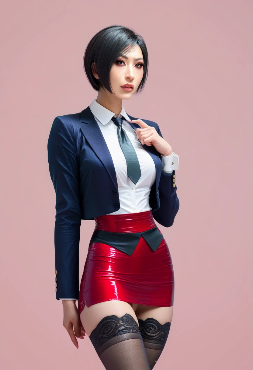 Ada Wong, skirt suit, (((three-piece suit))), (((dress shirt))), (((necktie))), (((blazer))), (((suit jacket))), (waistcoat), double-breasted waistcoat, (((bodycon miniskirt))), stockings, pocket square, cufflinks,