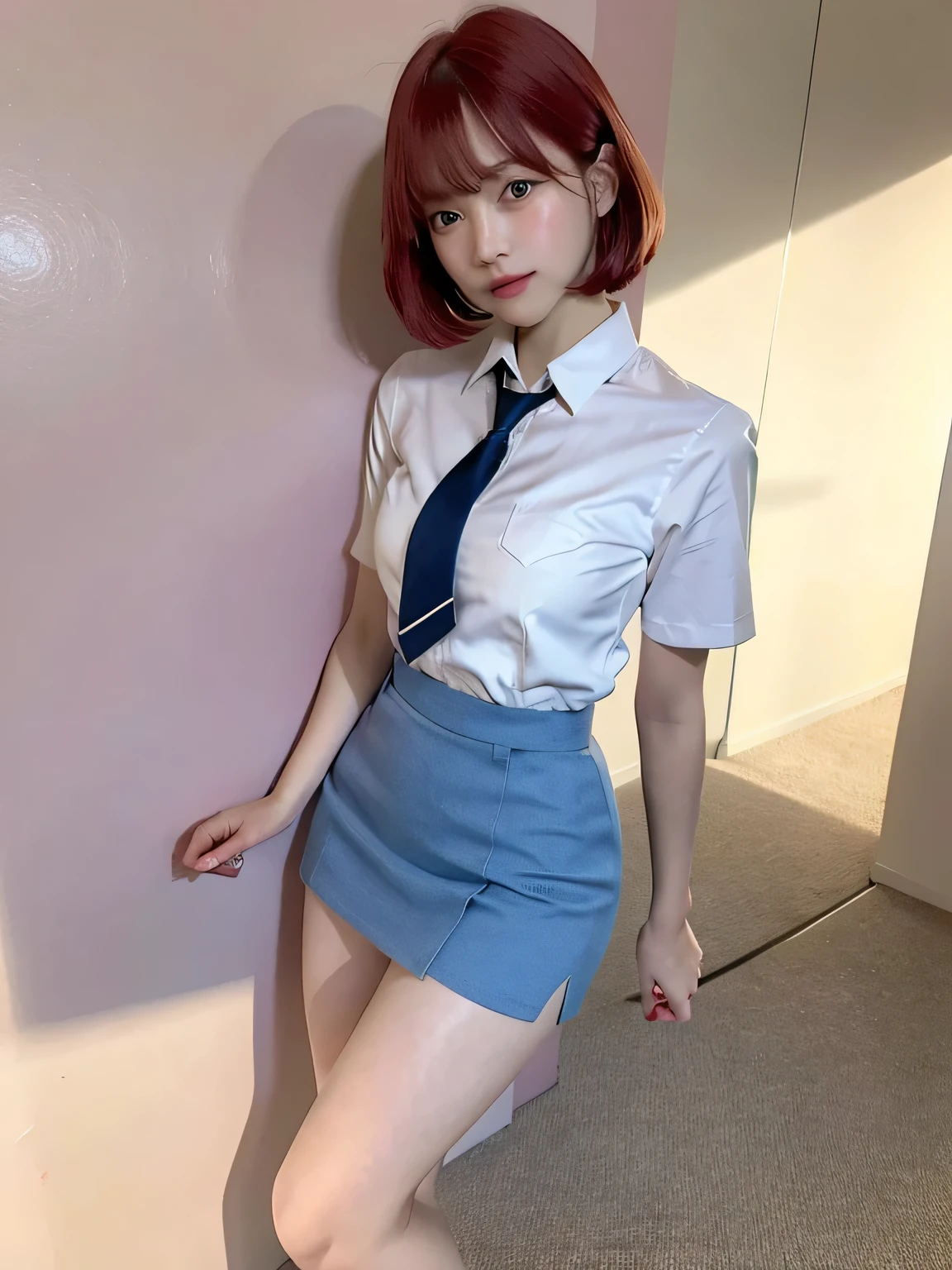 Highest quality、Figures、One people、Cute Girls、sexly、Slender、Red tie、Open front dress shirt、Green exy very detailed、Fine details、Slim Body、Slender、Japanese Girls2people、High resolution、8k、wallpaper、Perfect dynamic composition、Beautiful fine details、Short Bob Hair、Big natural color lip、大胆なsexlyポーズ、smile、Cold Stare、18 year old girl、Cute、Lolita、Good eyesight、whole body、Light blue wall、smile、