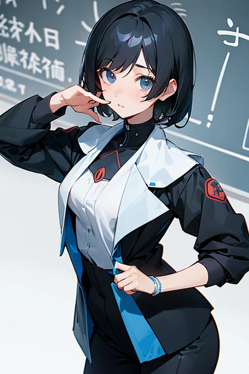 Please create an AI teacher.。The conditions are as follows。Appearance: young woman、Intellectual atmosphere、Short black hair、Dressed in a suit pose: Posing as if giving a lesson、Whiteboard marker in hand background: Futuristic classroom style: Anime Style