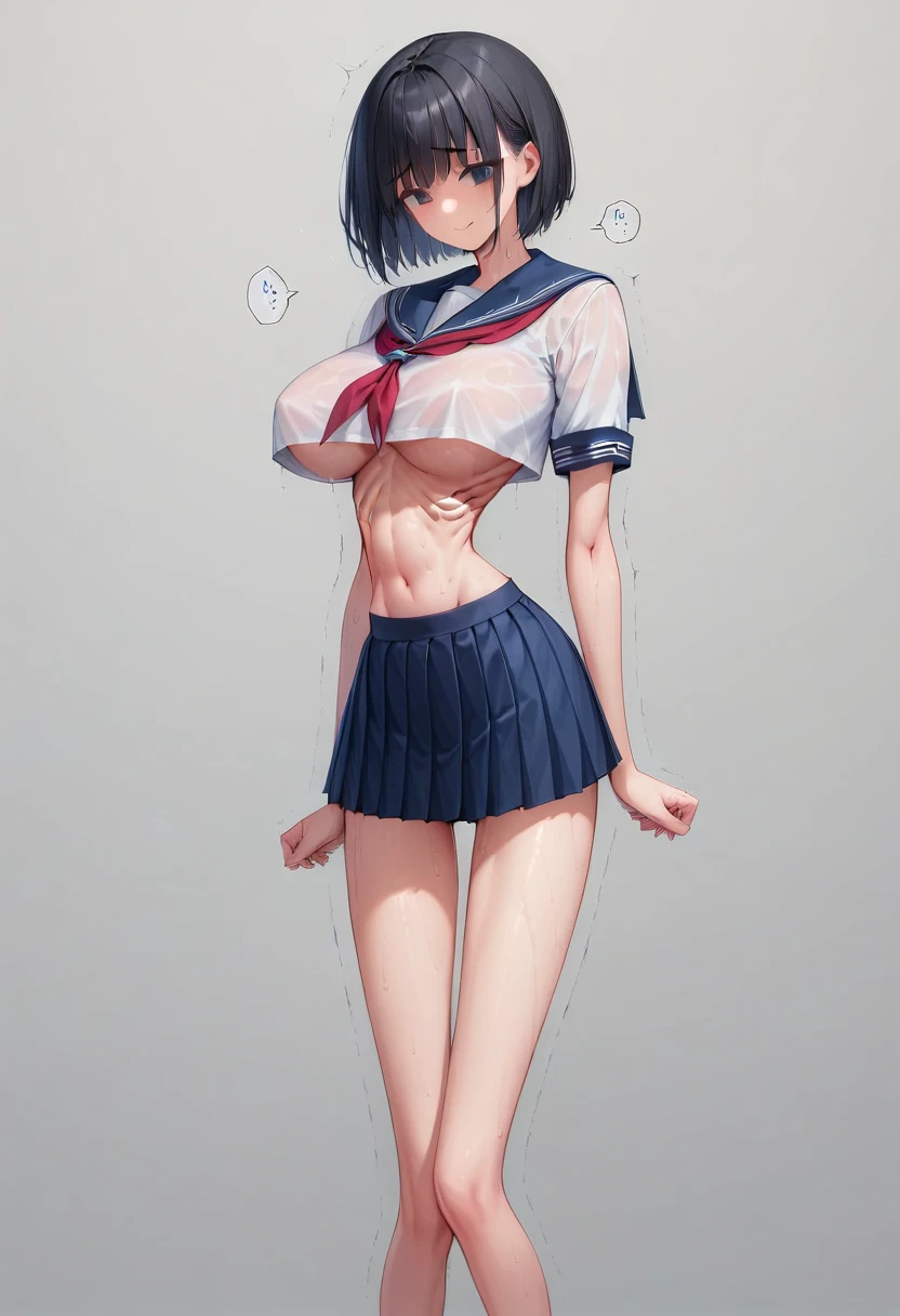 (masterpiece, best quality:1.2), front shot, beautiful 1girl, (super big breasts, micro waist, very long legs:1.5), Black hair, short bob hair, short height, scrawny and thin body, Light Skin, cute big eyes, cute beautiful thin face, forced smile, serafuku, mini skirt, Arched back, pigeon-toed, Embarrassing pose, Long and thin navel, thin belly, (beautiful visible ribs:1.3), wet and sweaty, Trembling