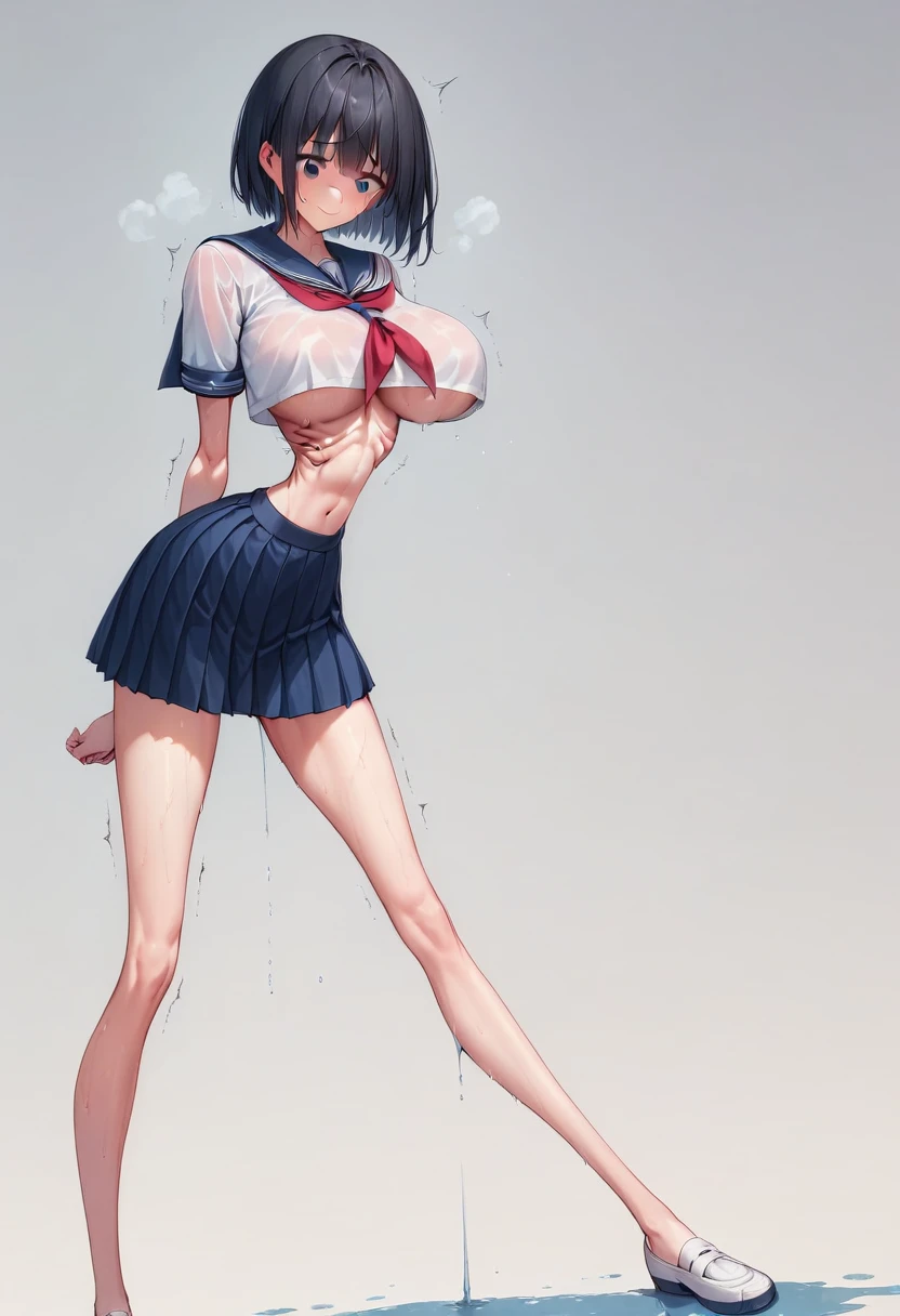 (masterpiece, best quality:1.2), front shot, beautiful 1girl, (super big breasts, micro waist, very long legs:1.5), Black hair, short bob hair, short height, scrawny and thin body, Light Skin, cute big eyes, cute beautiful thin face, forced smile, serafuku, mini skirt, Arched back, pigeon-toed, Embarrassing pose, Long and thin navel, thin belly, (beautiful visible ribs:1.3), wet and sweaty, Trembling