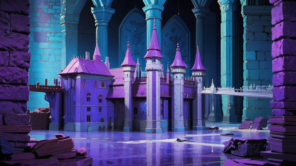 make the image of a very fantasy castle room with the color palette based on blue, and purple and grayish stone walls
