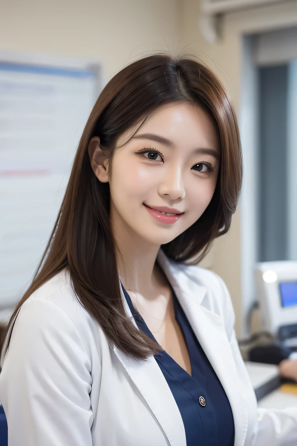 one woman,pharmacist outfit,large ,beautiful face,double eyelid,smiling,medium hair,hospital,high quality