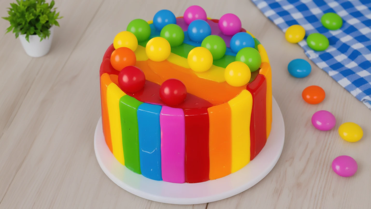 on a wooden table, cake on a white plate. rainbow chocolate bar cake, rainbow ganage on top, rainbow spheres made of polymer clay. there is a blue checkered tablecloth on the table. scattered rainbow jelly beans. there is a vase with a plant on a wooden table. Realistic style, realistic texture, detailed texture, bright lighting, Beautiful light from the window, high quality, A high resolution, macro photography, ultra hd 4k, Beautiful sunlight