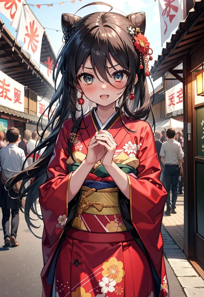 Shana,灼眼のShana,Long Hair, Redhead, Red eyes,Ahoge,smile,blush,Open your mouth,Hair Bun, single Hair Bun,blush,Red Kimono,Thick sleeves,Red long skirt,日本のfestival,夏festivalの屋台,Red lantern,　　　　　　　　　　　break looking at viewer, Upper Body, (Cowboy Shot:1. 5) 　　　　　　　　　　　　　　　　　　break outdoors, shrine,festival, 　　　　　　　　　　　　　break (masterpiece:1.2), Highest quality, High resolution, unity 8k wallpaper, (shape:0.8), (Beautiful and beautiful eyes:1.6), Highly detailed face, Perfect lighting, Highly detailed CG, (Perfect hands, Perfect Anatomy),