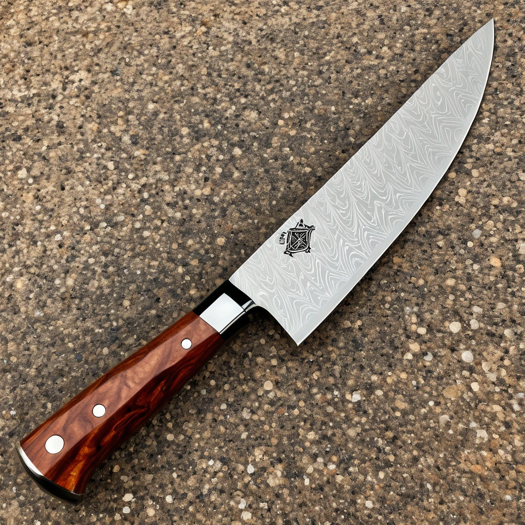Photorealistic 8K product image of premium chef's knife. 8-inch VG-10 blade, 33-layer Damascus pattern, mirror-polished. Razor-sharp 15-degree edge. Handle: stabilized Amboyna burl, warm brown (hex #8B4513), visible grain, lighter (#A0522D) and darker (#663300) streaks. Subtle resin sheen. Ergonomic shape, 12cm long, 2.5cm at bolster to 2cm at butt. Full tang, 3 steel rivets. Small 'Smart-Edge' logo near heel. Knife on walnut board (#723D0C). Brown leather sheath (#8B4513) with logo. Main light upper left, fill light lower right. Light grey backdrop (#D3D3D3) to white (#FFFFFF). Knife at 45° angle, blade right. Sheath parallel to knife, slightly behind and to the left. A sprig of rosemary and halved lemon in lower left. Satin finish handle. Bolster transition visible. Balanced composition emphasizing knife's quality and practicality. Ultra-sharp focus on knife, slight blur on background. Professional studio lighting highlighting Damascus pattern and wood grain. Softbox reflection on blade. Image conveys premium yet approachable design for home cooks.