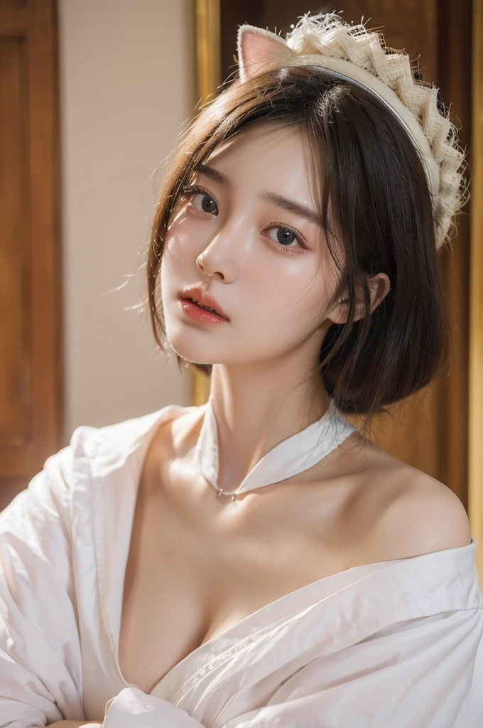 ((Highest quality, 8K, masterpiece :1.3))、Approachable、Face only、Buzzworthy faces on TikTok、 Highly detailed face and skin texture、Cute、White Skin、With bangs、Above the shoulders、Cat face