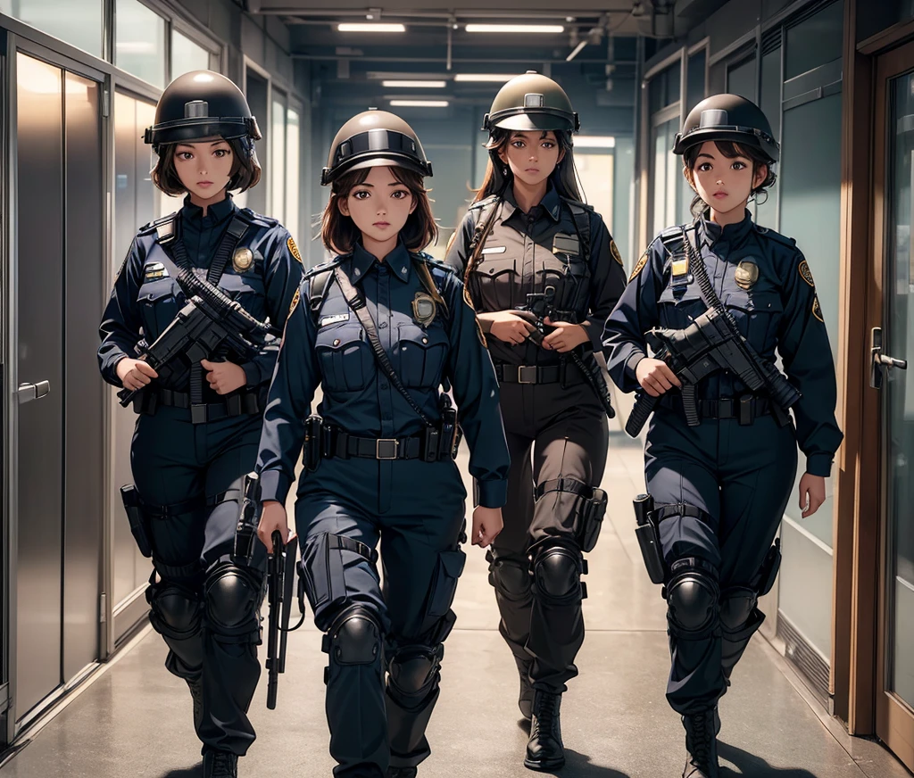 A group of female police officers in brown uniforms、Full helmet、Police pants、Various police equipment、Patrolling the corridors、Write details、masterpiece、best quality、Highly detailed CG、8K picture quality
