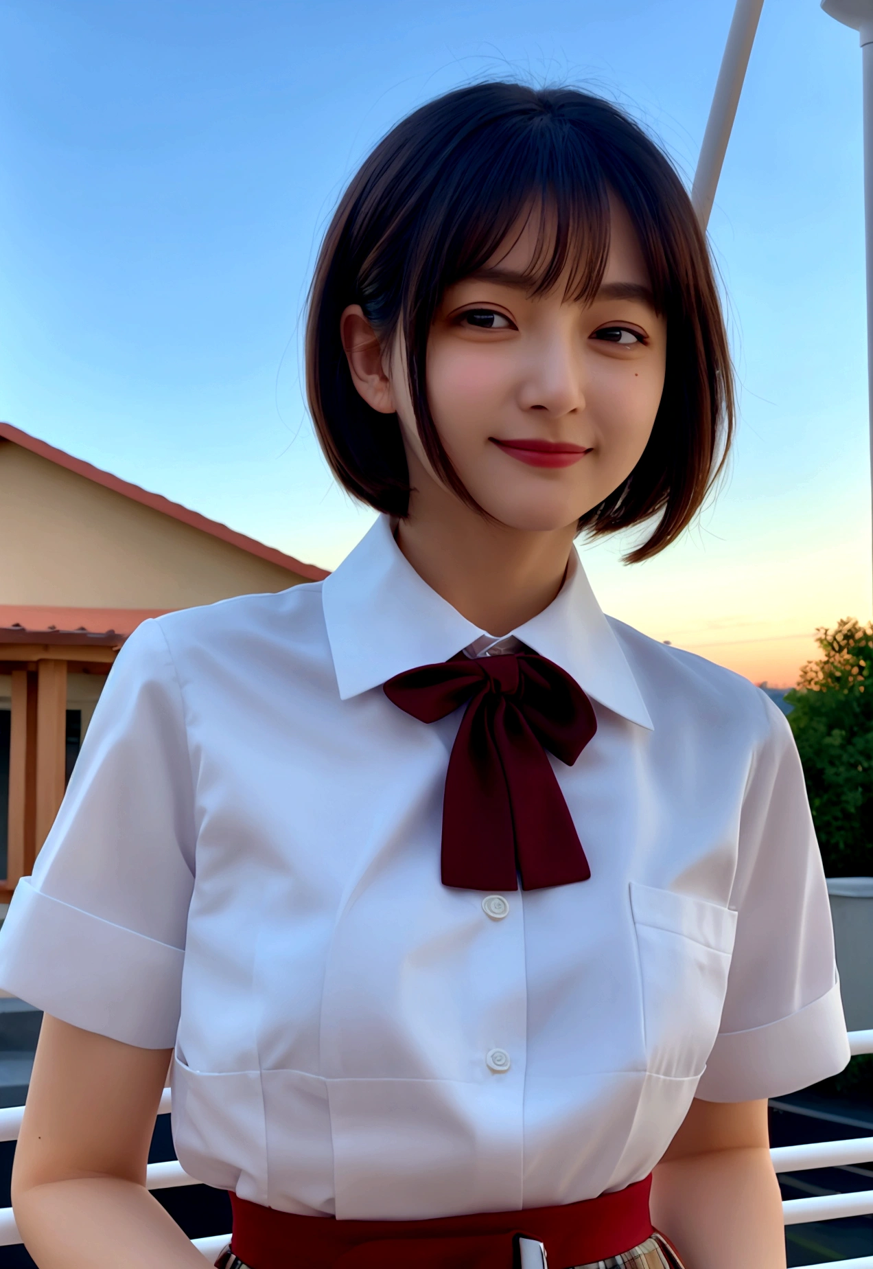 (8K, best quality, masterpiece:1.2), (SFW:1.3), (Practical, photo-Practical:1.37), Extremely detailed, 1 girl,Lovely, Solitary,Beautiful and detailed sky,Detail of cafe,night,sit,Dating,(Red and swollen nose),(Smile:1.1),(Shut up) Medium breasts,Beautiful and delicate eyes,(Collared shirt:1.1), bow tie,Pleated Skirt,(short hair:1.2),Flowing hair