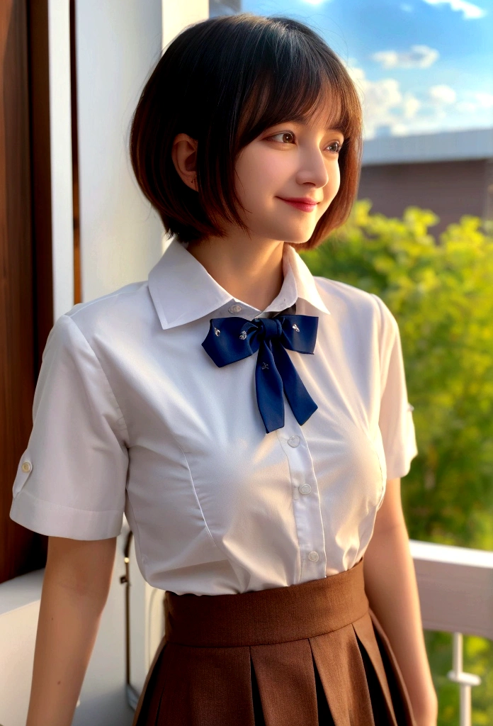 (8K, best quality, masterpiece:1.2), (SFW:1.3), (Practical, photo-Practical:1.37), Extremely detailed, 1 girl,Lovely, Solitary,Beautiful and detailed sky,Detail of cafe,night,sit,Dating,(Red and swollen nose),(Smile:1.1),(Shut up) Medium breasts,Beautiful and delicate eyes,(Collared shirt:1.1), bow tie,Pleated Skirt,(short hair:1.2),Flowing hair