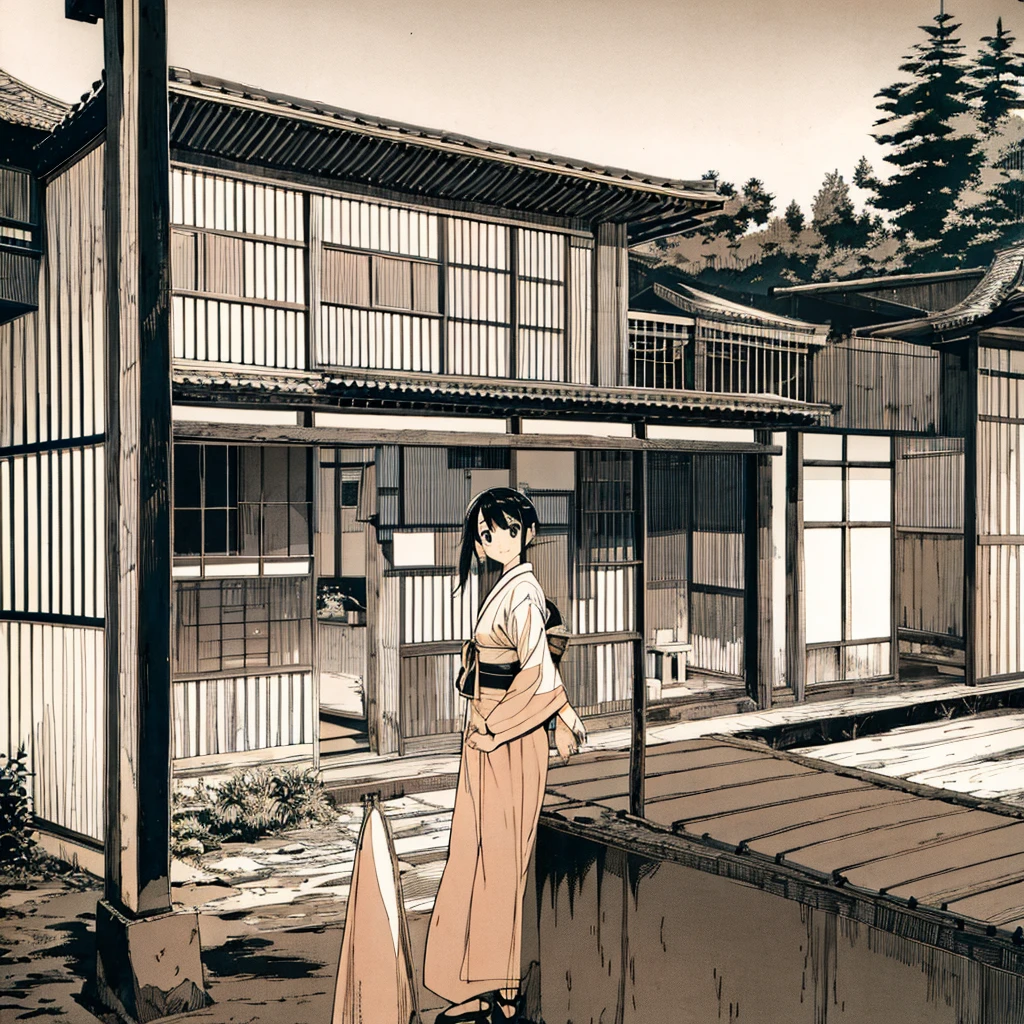 Japanese landscape Summer Nostalgic Handwritten style Smiling girl in 、Azemichi、Rural Building、Pale touch