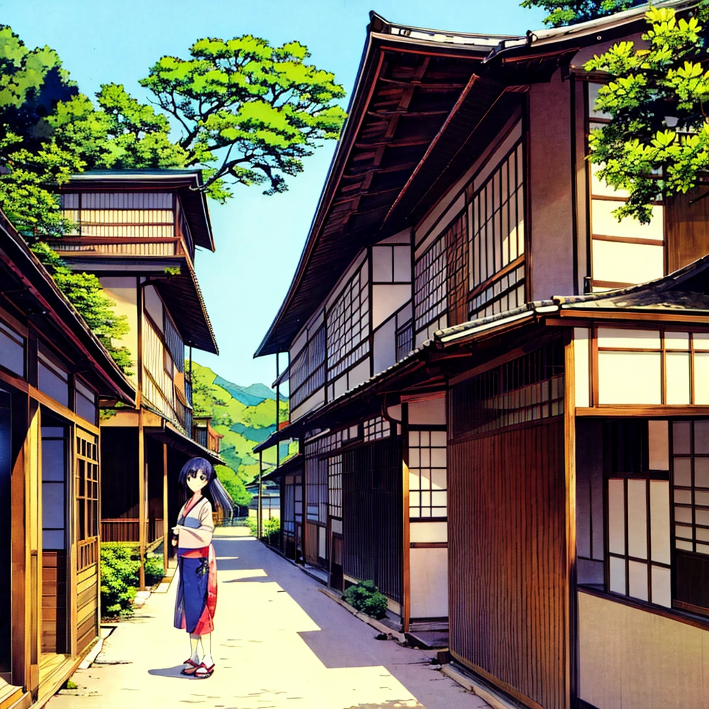 Japanese landscape Summer Nostalgic Handwritten style Smiling girl in 、Azemichi、Rural Building、Pale touch