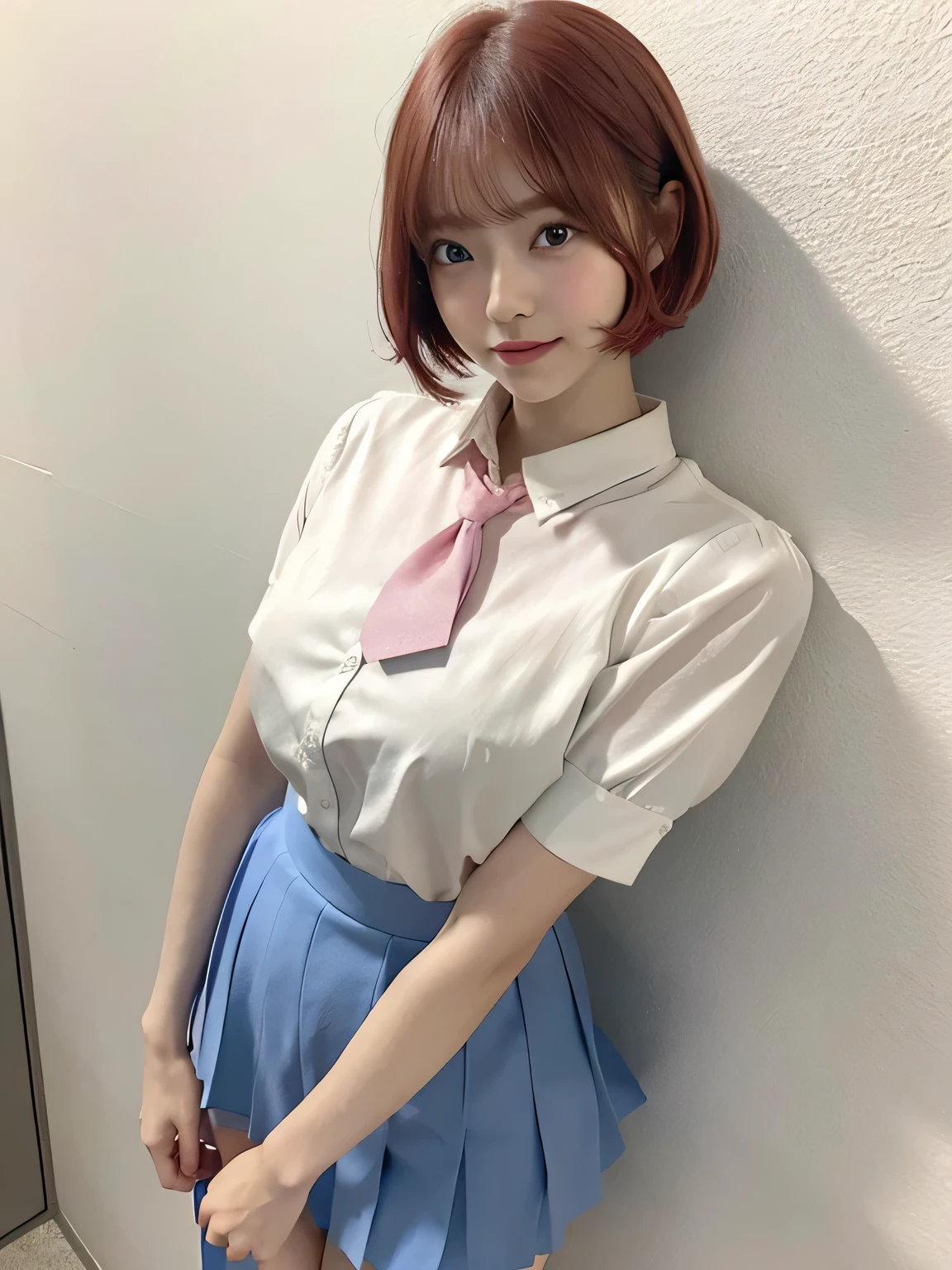 One person、11 years old、Full body photo,slender、woman、White drool coming out of the mouth、smile、、Red hair、Short Bob Hair、 Fair skinned and super cute、Soft and Face、8K resolution、Surreal、Ultra high definition、 A-cup small breasts（（Highest resolution、8K、masterpiece：1.3））、Ultra-fine face、Ultra Fine Lips、Beautiful Eyes、double eyelid,Pink wall、Blue tie、White shirt、Yellow Skirt、Thighs、thin,Thighsが見える、Shapely small breasts、sexy、So cute!,Are standing、Thighsが見える、