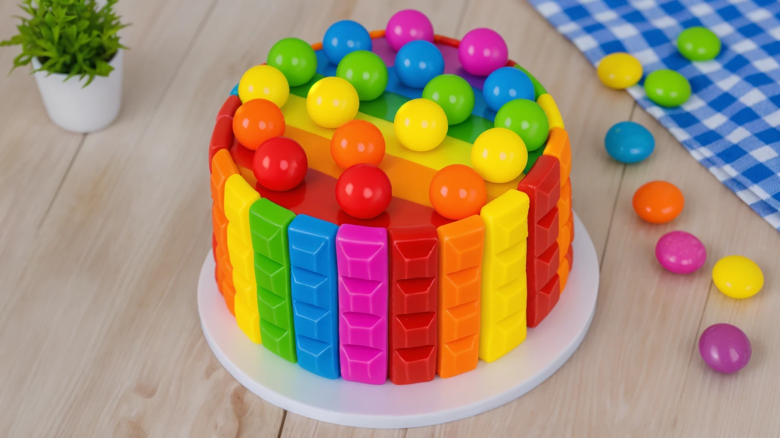 on a wooden table, cake on a white plate. rainbow chocolate bar cake, rainbow ganage on top, rainbow spheres made of polymer clay. there is a blue checkered tablecloth on the table. scattered rainbow jelly beans. there is a vase with a plant on a wooden table. Realistic style, realistic texture, detailed texture, bright lighting, Beautiful light from the window, high quality, A high resolution, macro photography, ultra hd 4k, Beautiful sunlight