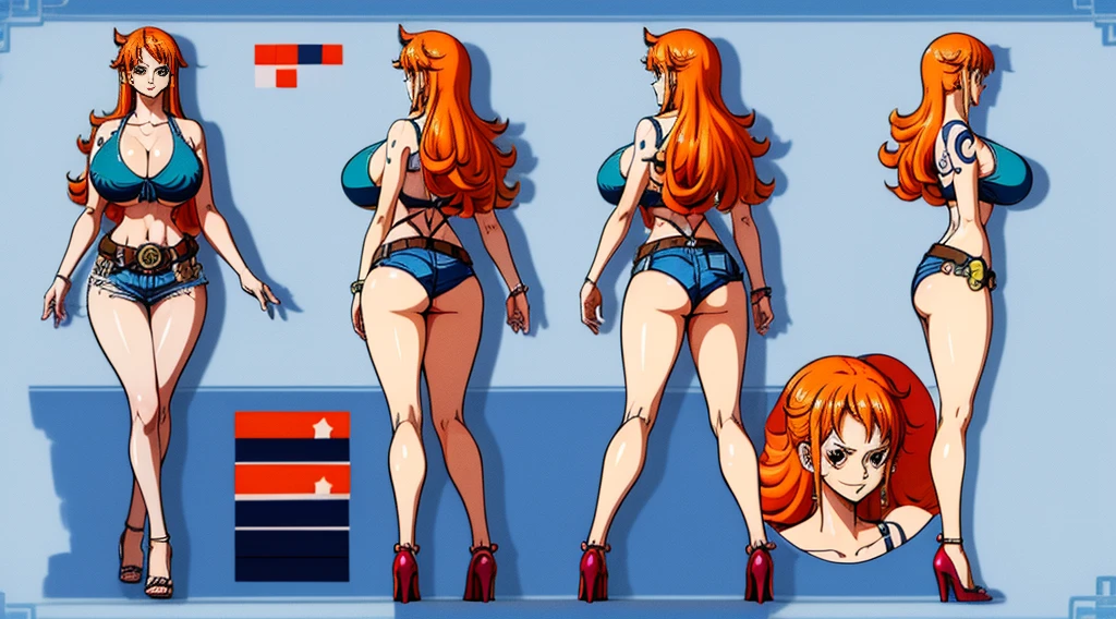 ((Best Quality)), ((Masterpiece)), (((detailed character sheet, frontal view, side view, three quarter view))) white background、one piece、US、whole body、whole bodyイラスト、whole bodyアニメーション、whole bodyリファレンスシート、denim、Tank top、High heels、Swimwear、bikini、original、New World、Long Hair、Orange Hair、Tattoo on left arm、Ring belt、Heighten your head、smile、Cute face、Big Breasts、Narrow waist、Long legs、Beautiful feet