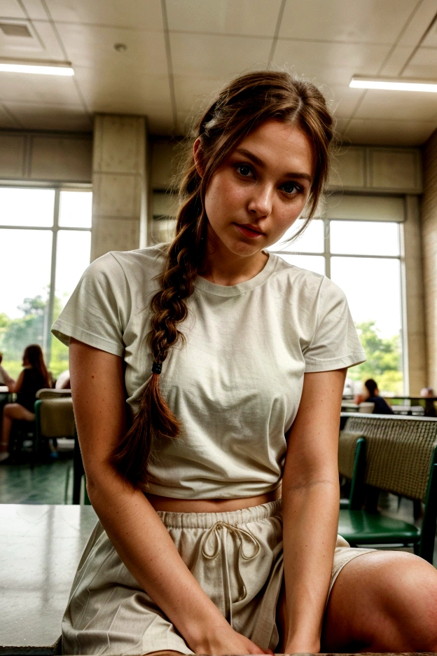 Brown haired woman, green eyes, sitting in the cafeteria, white t-shirt, braid, macro photo, super detail, high quality, best quality, highres, 4k