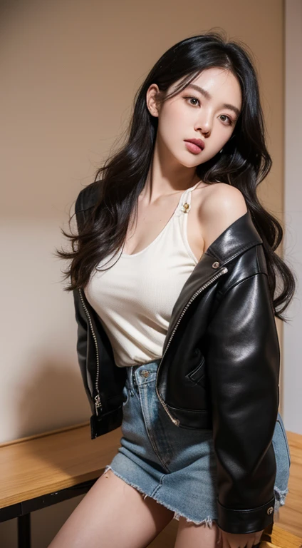 Model photo shoot, Stills, 28 years old Asian girl standing, Full Body Love, (Black eye:1.3), Medium Wavy Hair, Green sweater, Black leather jacket, Soft natural light, In the dark of night, ((masterpiece)),(Best quality),(high resolution),Highly detailed RAW color photos,Very detailed,Reality,Practical,Absurd,Very detailed,Focus,, (专业工作室light),(Professional color grading),Rim Light,戏剧light,light,Lumen reflection,Soft natural light,Pastel colors,Photon Mapping,Radio City,, (beautiful eyes),(Delicate eyes),(Detailed face),Symmetrical eyes,Sharp eyesight,Cool Face,8K picture quality,Nikon D800