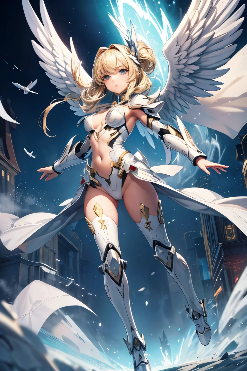 masterpiece,Highest quality,Very detailed,Angel fighting in the air,Heavily armed,Blonde,Beautiful and detailed eyes,skinny,Small breasts,Beautiful white wings,White Mecha Armor, full body,battlefield,Dynamic perspective and pose