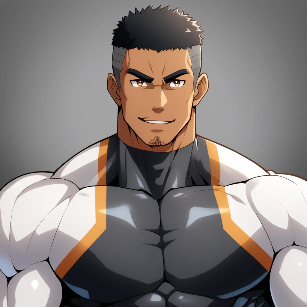 anime characters：Gyee, Muscle Sports Student, negro black skin, 1 dark skin muscular tough guy, Manliness, male focus, Brown long-sleeved high-necked tight diving suit, Very tight, Round, full and perky chest muscles, Slightly transparent, muscular male, muscular, only, Upper body, alone, Black short hair, Thick eyebrows, stubble, Brown eyes, Grey background, simple background, amazing quality, best aesthetics, Ridiculous, bright pupils, crew cut, parted lips, seductive smile, torogao, naughty face, best quality