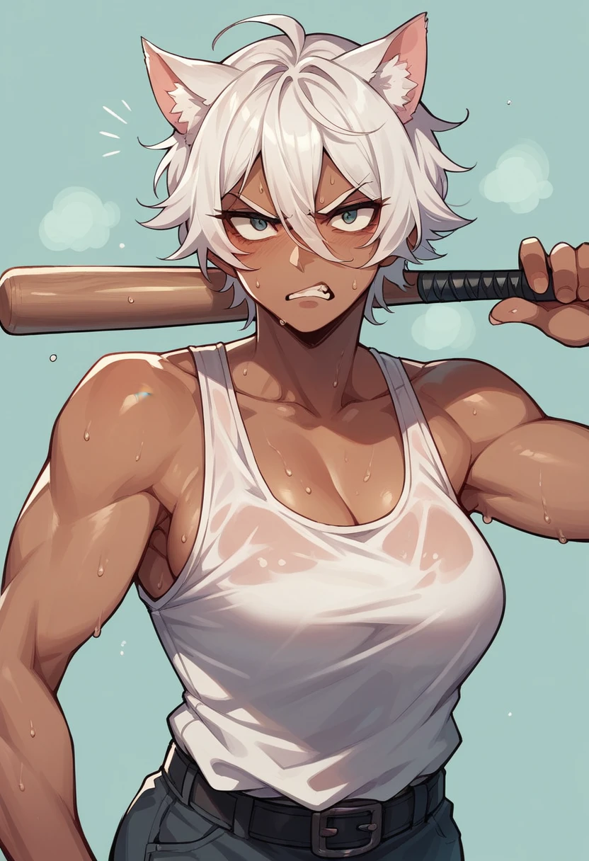 Dark-skinned milf with long white hair,with cat ears,in a sweaty tank top and holding a baseball bat and stressed and angry