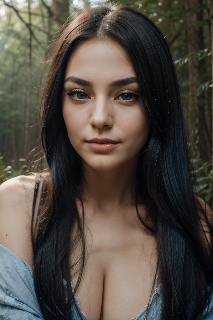 A girl with long blue hair. Her face is exquisite, with high cheekbones and smooth fair skin. Her large black eyes, framed by long thick eyelashes, are impressive and expressive, radiating calmness and confidence. Well-defined eyebrows curve gracefully above her eyes, adding intensity to her gaze. She has a small, straight nose and full, slightly parted lips that curve into a slight smile, revealing hints of mischief and allure. Her sharp jawline gives her face a sophisticated and elegant look. professional photo session in the forest, thick fog, spooky forest