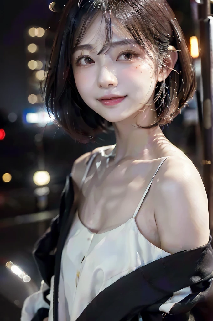 cinematic, Blue hour, (((Ultimate ultra Photorealistic, ultimate high-quality 32k photo))),(((An American shot photo, crossed arms, a42yo ultimate beautiful &cute Japanese actress:))),(((She has a very intelligent and ultimate beautiful Japanese face&black eyes, pointy nose, ultra detailed face, oval face, blushing cheeks, ultimate well-proportioned face with))),((black elegant wet short middle bob, very light naturally makeup)),(((She has the ultimately perfect nice&Sensual proportions, very just fitted v-neck half sleeve white elegant business buttonless Open-collar blouses , white beautiful ultimate realistic glossy wet Japanese lady Fair and beautiful skin , A simple and modest silver necklace,Stormy Summer very Humid and Hot very dark Night ,Tokyo business night street)))