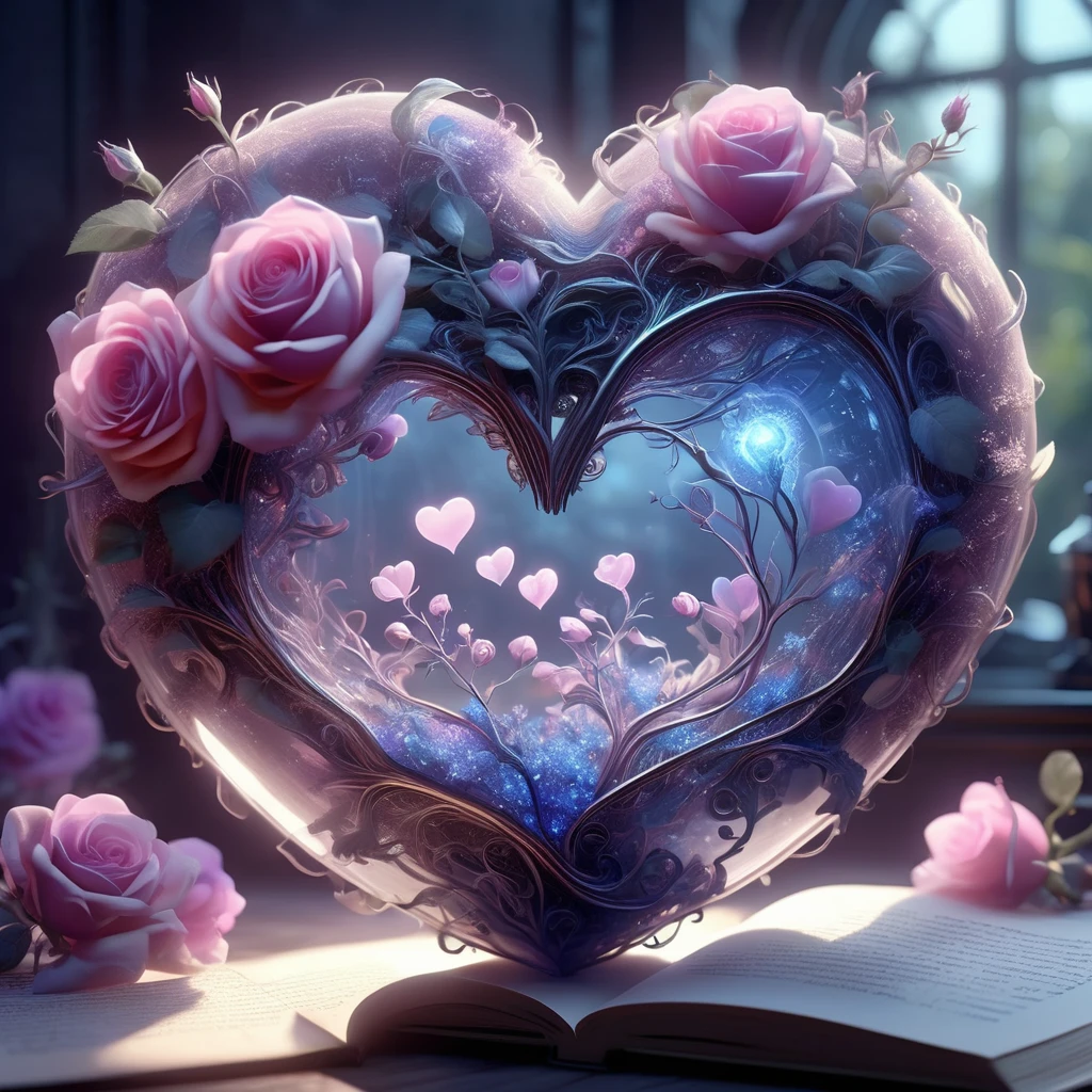 Digital Art,Concept Art,Octane Rendering,Unreal Engine,Dreamy scene,Delicate and rich light and color,Great light and shadow effects and color combinations,Aesthetic and romantic,Surreal,Magic,Fantasist,wonderful,
Shine [pink|purple] Transparent roses and glowing blue plants (Heart-shaped:1.5) Glass container,
This container in the book of love stories,Very romantic atmosphere,Nostalgic atmosphere,A composition with gentle light and lingering resonance,Depth of written boundary,Don MW15pXL,
