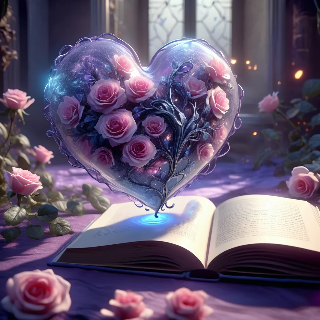 Digital Art,Concept Art,Octane Rendering,Unreal Engine,Dreamy scene,Delicate and rich light and color,Great light and shadow effects and color combinations,Aesthetic and romantic,Surreal,Magic,Fantasist,wonderful,
Shine [pink|purple] Transparent roses and glowing blue plants (Heart-shaped:1.5) Glass container,
This container in the book of love stories,Very romantic atmosphere,Nostalgic atmosphere,A composition with gentle light and lingering resonance,Depth of written boundary,Don MW15pXL,
