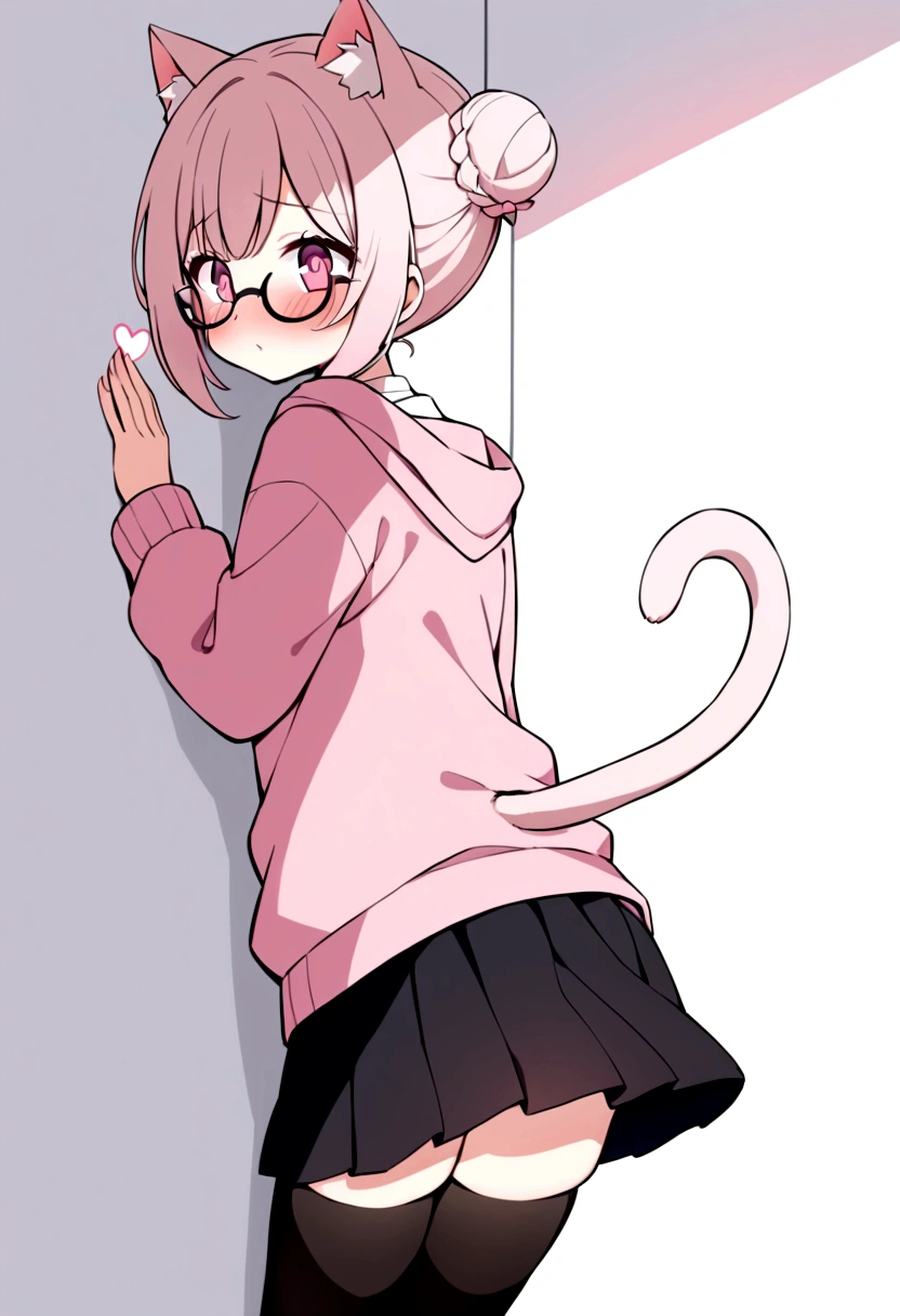 I have white pink hair, cat ears, a bun, my face is super blushing, black glasses, pink heart eyes, a big pink sweatshirt, a black skirt, black stockings, white shoes, a cat&#39;s tail, a girl. very shy that she is glued to a wall with her butt