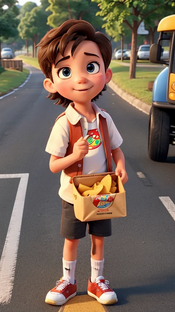 A kid eat chips on road