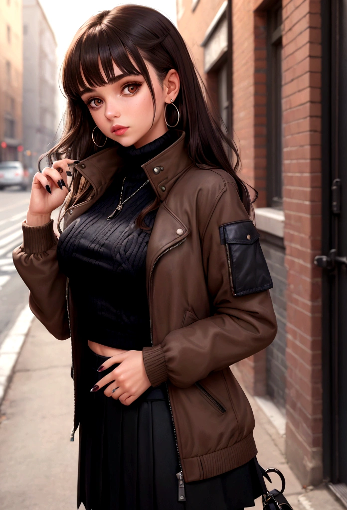 Characterful,, , 1 Girl, Ahog, Bangs, black skirt, black sweater, Blue nails, Vague, Vague background, breast, Brown eyes, Brown hair, brown jacket, Shut up, Outdated, sky, Depth of Field, earrings, eyelash, hands up, Head tilt, jacket, Jewelry, Long hair, Long sleeve, Looking at the audience, medium breast, Nail polish, Open clothes, open jacket, outdoor, Pursed lips, Tuck your shirt into your pants, Side lock, skirt, Sleeves over wrists, Solitary, sweater, Upper Body, zipper, , , ((masterpiece)), ,