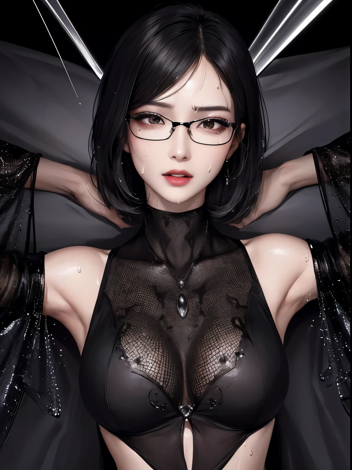 Super detailed, Highest quality, 8K, Ultra-high resolution, Black Hair, One Woman, amount, Glasses, Stiletto heels, Midnight, Slim figure ,Straight Hair, short hair, Glasses , (((Sweat, vapor))), sheer turtleneck dress, skin, Stiletto heelsサンダル, Beautiful feet, ((Ecstasy)), Dark room、Full body paint、Detailed face、Delicate facial features、Detailed skin、Shiny skin、Detailed face、Delicate facial features、Detailed skin、Black glossy stockings、Beautiful Face、Perfect Face、非常に精巧でBeautiful Faceと目、Attractive face、Top view、Respect、Nightclub、