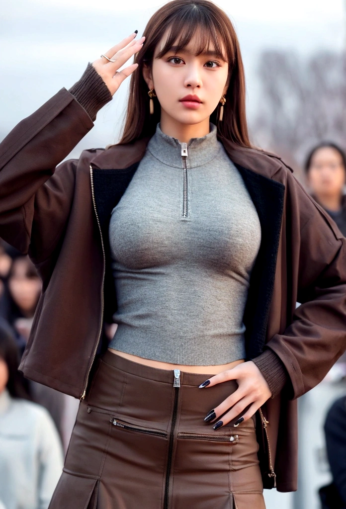Characterful,, , 1 Girl, Ahog, Bangs, black skirt, black sweater, Blue nails, Vague, Vague background, breast, Brown eyes, Brown hair, brown jacket, Shut up, Outdated, sky, Depth of Field, earrings, eyelash, hands up, Head tilt, jacket, Jewelry, Long hair, Long sleeve, Looking at the audience, medium breast, Nail polish, Open clothes, open jacket, outdoor, Pursed lips, Tuck your shirt into your pants, Side lock, skirt, Sleeves over wrists, Solitary, sweater, Upper Body, zipper, , , ((masterpiece)), ,