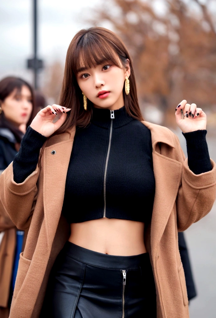 Characterful,, , 1 Girl, Ahog, Bangs, black skirt, black sweater, Blue nails, Vague, Vague background, breast, Brown eyes, Brown hair, brown jacket, Shut up, Outdated, sky, Depth of Field, earrings, eyelash, hands up, Head tilt, jacket, Jewelry, Long hair, Long sleeve, Looking at the audience, medium breast, Nail polish, Open clothes, open jacket, outdoor, Pursed lips, Tuck your shirt into your pants, Side lock, skirt, Sleeves over wrists, Solitary, sweater, Upper Body, zipper, , , ((masterpiece)), ,