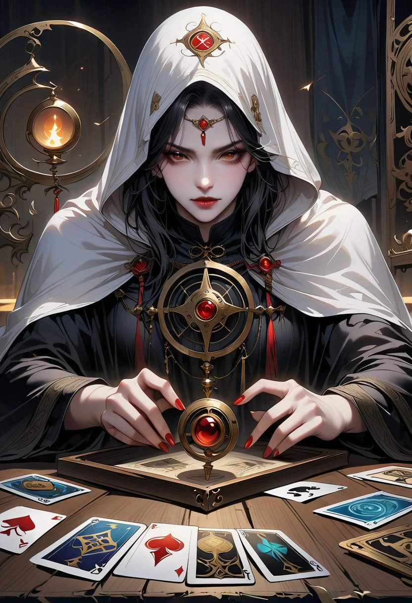 Astrologer,Metal photo frame,card,tarot cards:1.37.Mysterious fortune teller in cloak,Finger taps an array of tarot cards in the air,Mystical symbols and elements,Ancient mysterious atmosphere,Realistic illustration details,A work full of vitality and energy,Dark Style,Gothic style