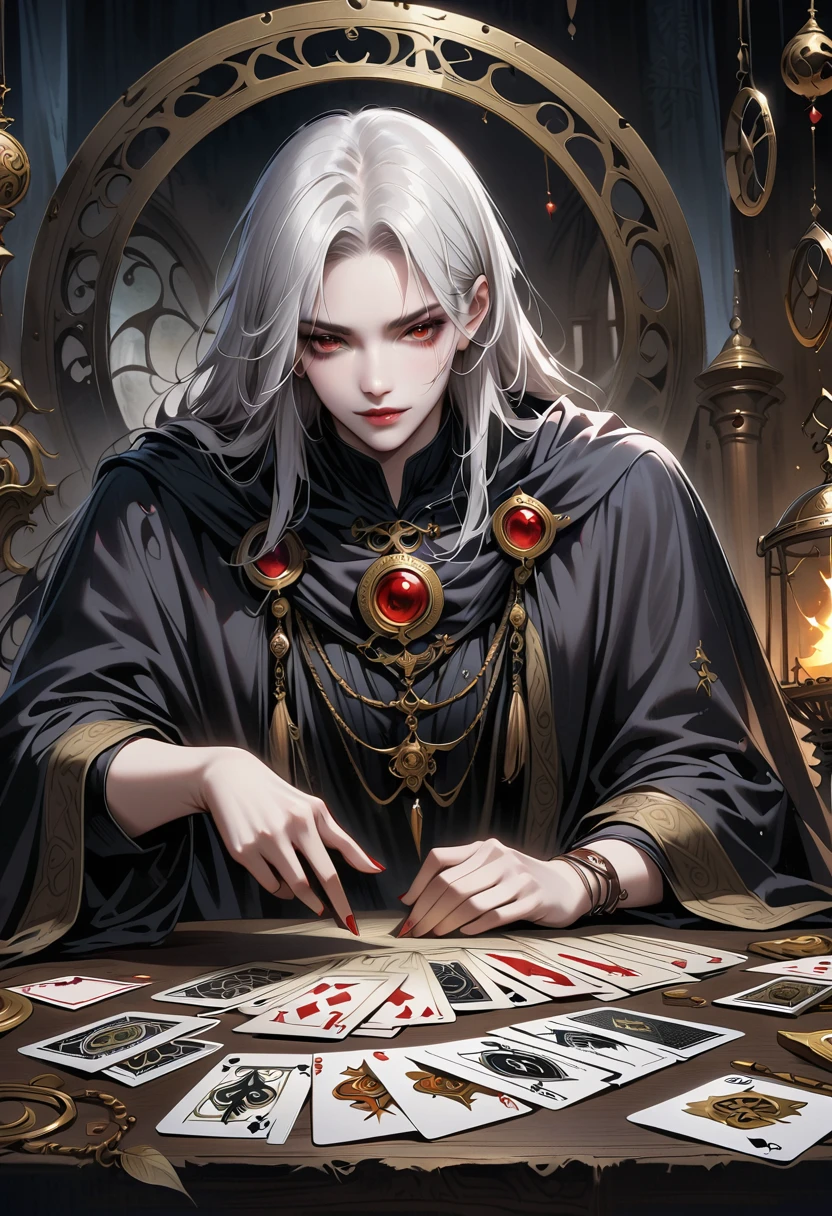 Astrologer，Metal photo frame，card，tarot cards：1.37.Mysterious fortune teller in cloak，Finger taps an array of tarot cards in the air，Mystical symbols and elements，Ancient mysterious atmosphere，Realistic illustration details，A work full of vitality and energy，Dark Style，Gothic style