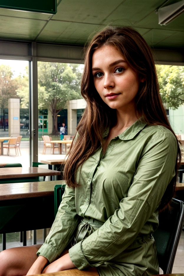 Brown haired woman, green eyes, sitting in the cafeteria, veige color diver, macro photo, super detail, high quality, best quality, highres, 4k