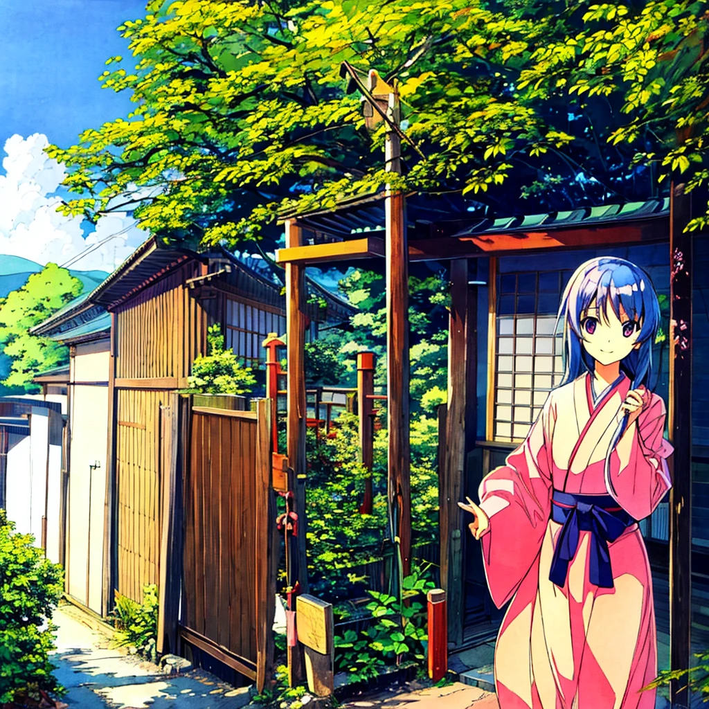 Japanese landscape Summer Nostalgic Handwritten style Smiling girl in 、Azemichi、Pale touch、Electric pole、shirt