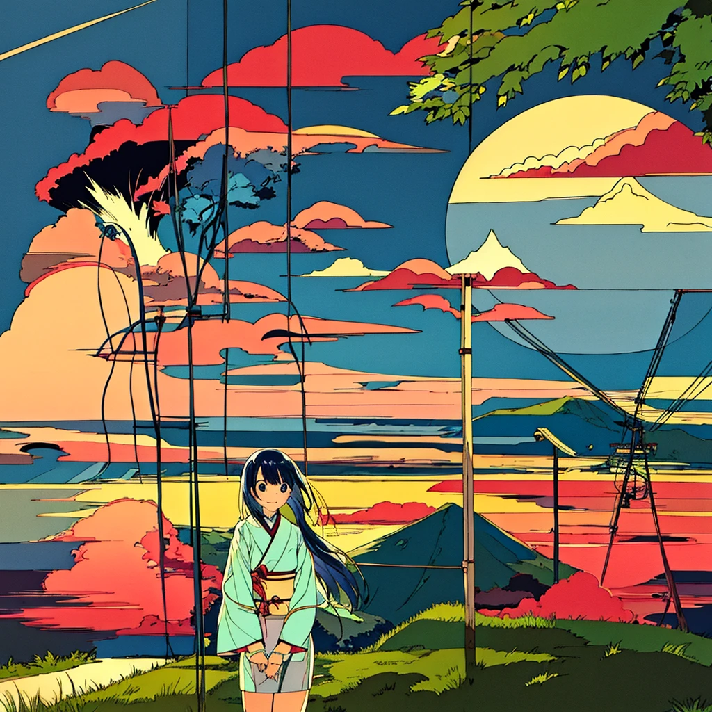 Japanese landscape Summer Nostalgic Handwritten style Smiling girl in 、Azemichi、Pale touch、Electric pole、shirt