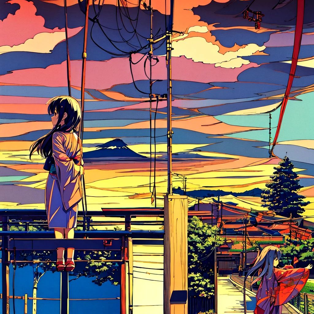 Japanese landscape Summer Nostalgic Handwritten style Smiling girl in 、Azemichi、Pale touch、Electric pole、shirt