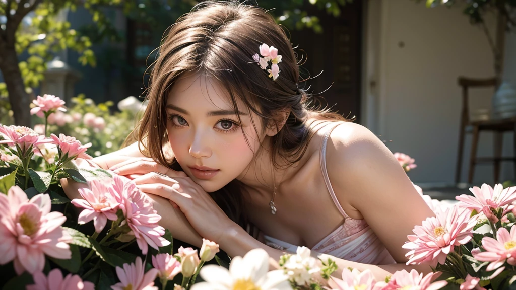 (Absurd,Ultra-high resolution,Super detailed),(Pink and white),Mature Woman,Bust photo,Surrounded by flowers,Blurred flower background,(Blurred:1.3,Soft Lighting:1.4,Cinematic light:1.4)