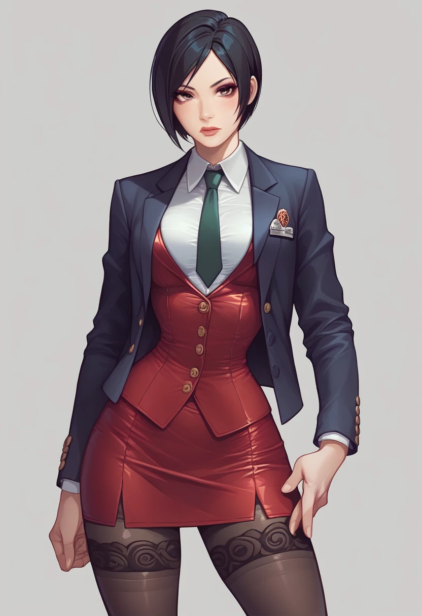 Ada Wong, skirt suit, (((three-piece suit))), (((dress shirt))), (((necktie))), (((blazer))), (((suit jacket))), (waistcoat), double-breasted waistcoat, (((bodycon miniskirt))), stockings, pocket square, cufflinks,