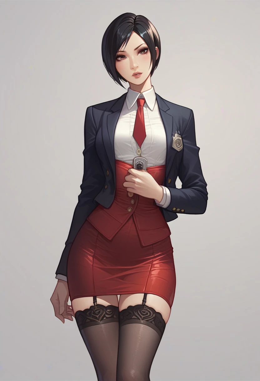 Ada Wong, skirt suit, (((three-piece suit))), (((dress shirt))), (((necktie))), (((blazer))), (((suit jacket))), (waistcoat), double-breasted waistcoat, (((bodycon miniskirt))), stockings, pocket square, cufflinks,