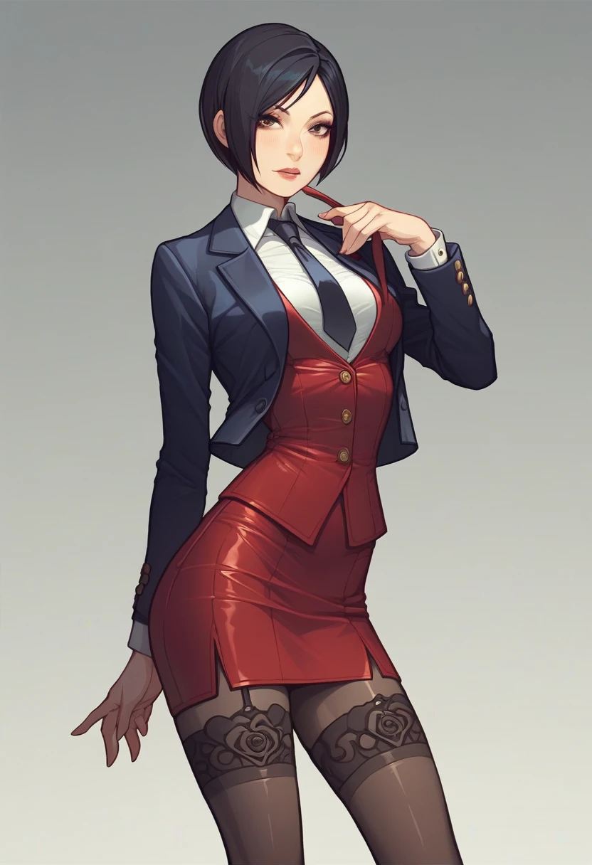 Ada Wong, skirt suit, (((three-piece suit))), (((dress shirt))), (((necktie))), (((blazer))), (((suit jacket))), (waistcoat), double-breasted waistcoat, (((bodycon miniskirt))), stockings, pocket square, cufflinks,