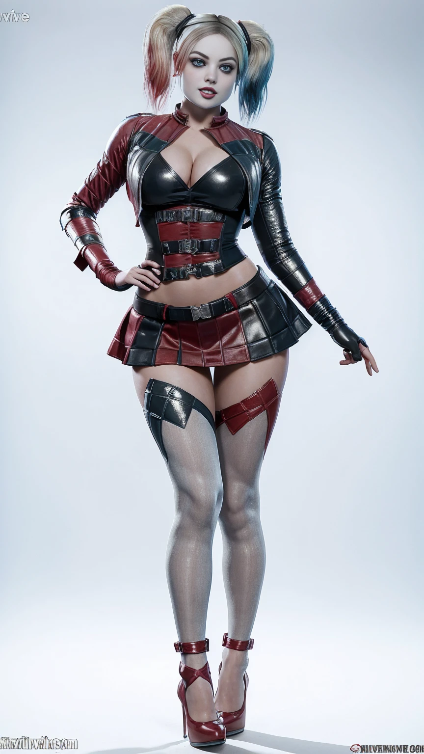 Harley Quinn длинные волосы,  оргомная грудь Kate Upton, big bust,in torn tights,standing standing in a short skirt, high heels. Лицо Margot Robbie. White background at the back