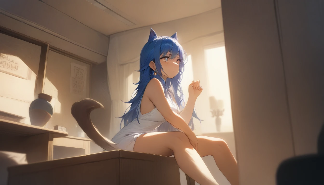 nsfw,1girl, frederica bernkastel, bangs, blue bow, blue hair, blunt bangs, bow, breast hold,  cat tail, crossed arms, long hair, solo, tail bow, tail ornament, tail raised, tail ribbon, naked, nipples